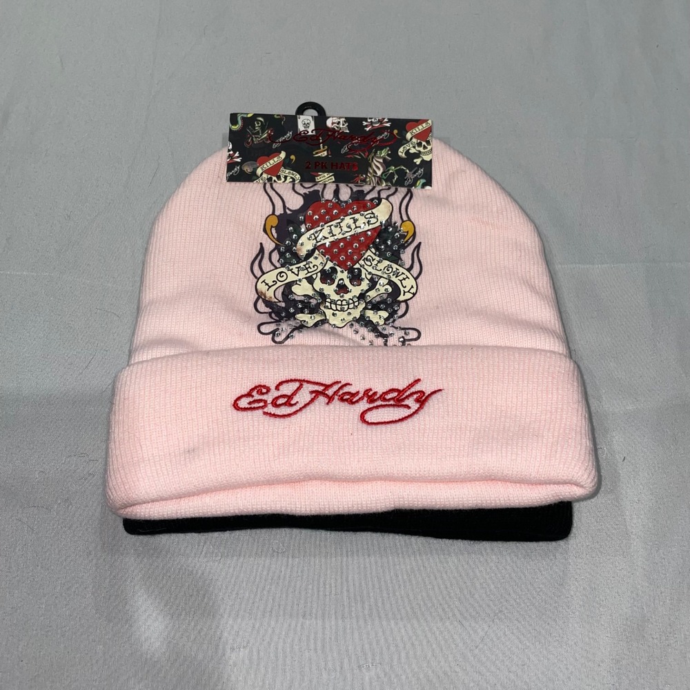 Ed‎ Hardy 2 Pack Beanies Pink Love Kills Slowly Black Tiger Rhinestone Y2K Hat